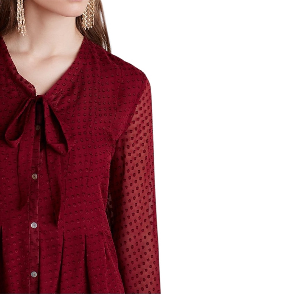 Anthropologie Meadow Rue Silk Clip Dot Tie Neck Button Down Blouse Size Small